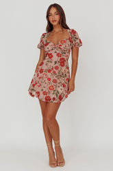 Dillon Twist Bust Mini Dress Floral Beige